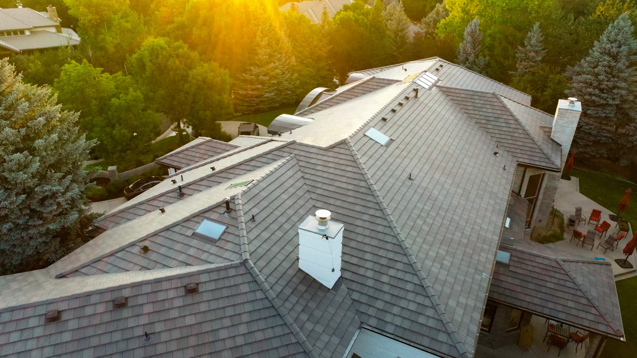 A finished concrete tile roof on a large Colorado home